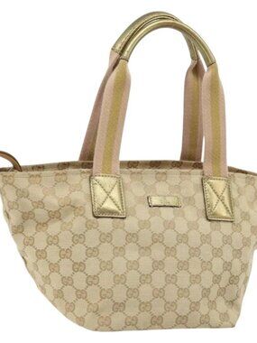 GUCCI GG Canvas Hand Bag Beige Gold 131228 Auth gh1835